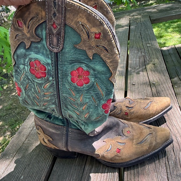 Dan Post Shoes - Dan Post Teal and Brown Embroidered Western Heeled Boots with Red Floral Accents